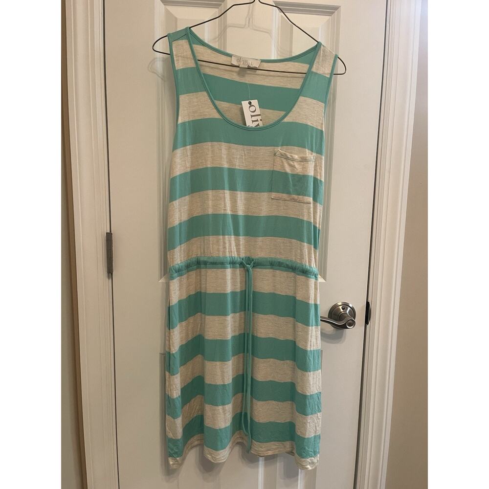 Olive & Oak M Tank Top Dress Stripe Mint Oatmeal Drawstring Waist Stretch Jersey